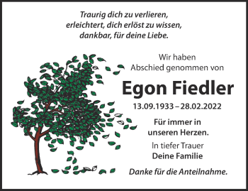 Traueranzeige von Egon Fiedler von Märkische Oderzeitung
