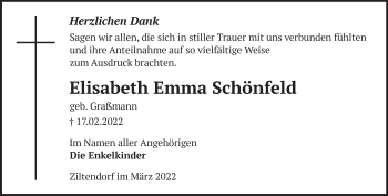 Traueranzeige von Elisabeth Emma Schönfeld von Märkische Oderzeitung