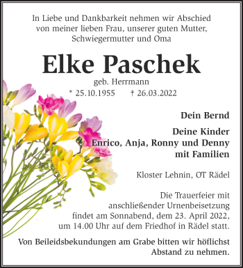 Traueranzeige von Elke Paschek von Märkische Oderzeitung