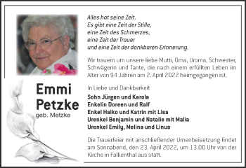 Traueranzeige von Emmi Petzke von Märkische Oderzeitung