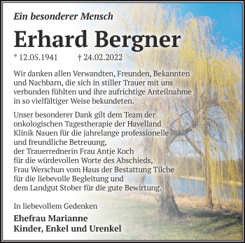 Traueranzeige von Erhard Bergner von Märkische Oderzeitung