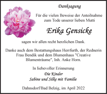 Traueranzeige von Erika Gensicke von Märkische Oderzeitung