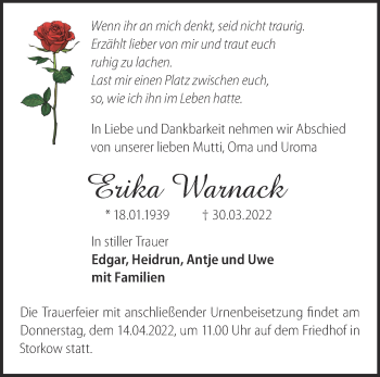 Traueranzeige von Erika Warnack von Märkische Oderzeitung