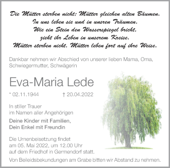 Traueranzeige von Eva-Maria Lede von Märkische Oderzeitung