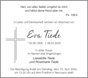 Traueranzeige von Eva Tiede von Märkische Oderzeitung