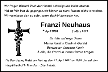 Traueranzeige von Franzi Neuhaus von Märkische Oderzeitung