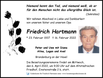 Traueranzeige von Friedrich Hartmann von Märkische Oderzeitung