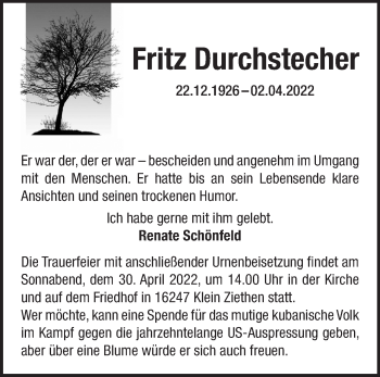 Traueranzeige von Fritz Durchstecher von Märkische Oderzeitung