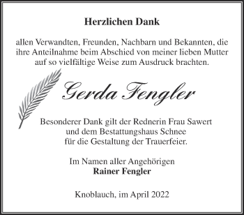 Traueranzeige von Gerda Fengler von Märkische Oderzeitung