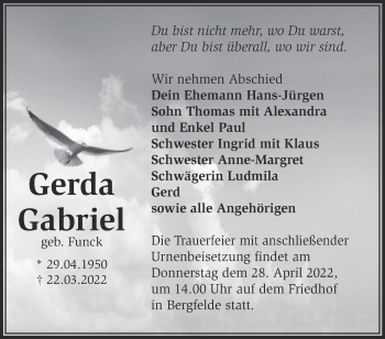 Traueranzeige von Gerda Gabriel von Märkische Oderzeitung