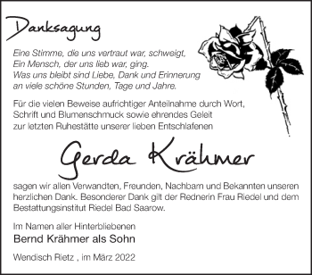 Traueranzeige von Gerda Krähmer von Märkische Oderzeitung
