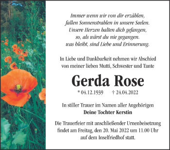 Traueranzeige von Gerda Rose von Märkische Oderzeitung