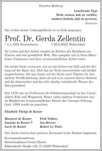 Traueranzeige von Gerda Zellentin von Märkische Oderzeitung