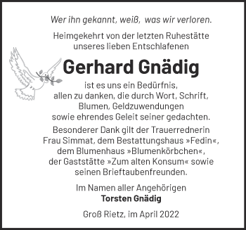 Traueranzeige von Gerhard Gnädig von Märkische Oderzeitung