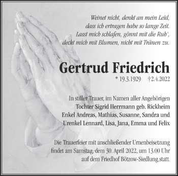 Traueranzeige von Gertrud Friedrich von Märkische Oderzeitung