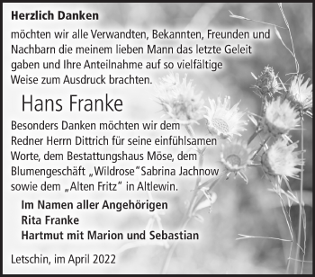 Traueranzeige von Hans Franke von Märkische Oderzeitung