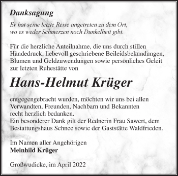 Traueranzeige von Hans-Helmut Krüger von Märkische Oderzeitung