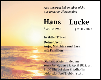 Traueranzeige von Hans Lucke von Märkische Oderzeitung