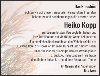 Traueranzeige von Heiko Kopp von Märkische Oderzeitung