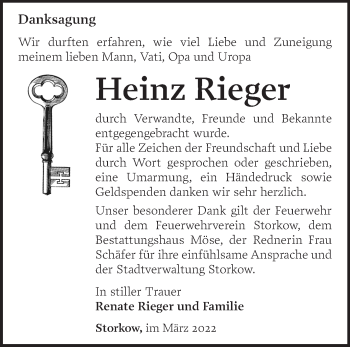 Traueranzeige von Heinz Rieger von Märkische Oderzeitung