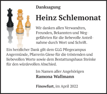 Traueranzeige von Heinz Schlemonat von Märkische Oderzeitung