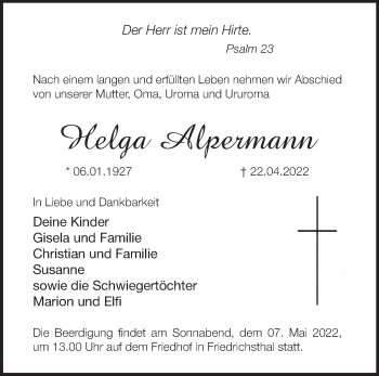 Traueranzeige von Helga Alpermann von Märkische Oderzeitung