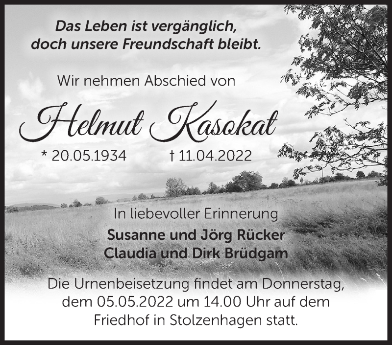  Traueranzeige für Helmut Kasokat vom 16.04.2022 aus Märkische Oderzeitung