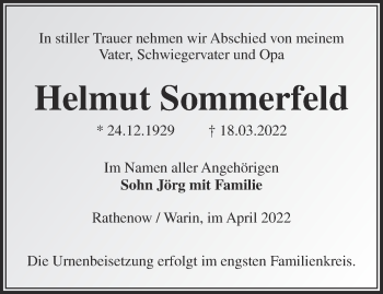 Traueranzeige von Helmut Sommerfeld von Märkische Oderzeitung