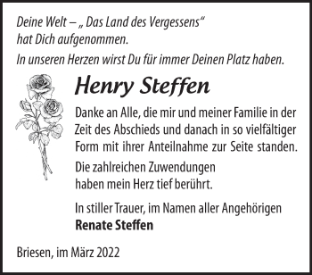 Traueranzeige von Henry Steffen von Märkische Oderzeitung