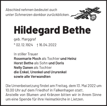 Traueranzeige von Hildegard Bethe von Märkische Oderzeitung