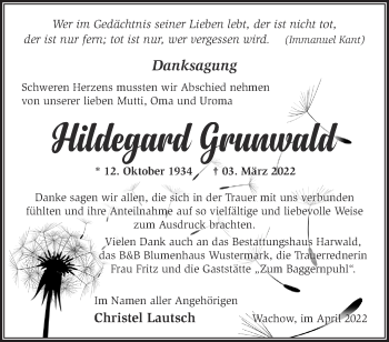 Traueranzeige von Hildegard Grunwald von Märkische Oderzeitung