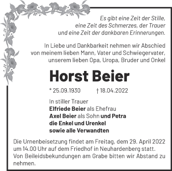 Traueranzeige von Horst Beier von Märkische Oderzeitung