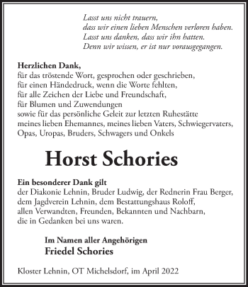 Traueranzeige von Horst Schories von Märkische Oderzeitung