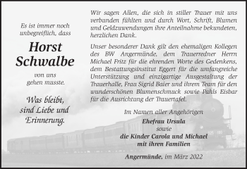 Traueranzeige von Horst Schwalbe von Märkische Oderzeitung