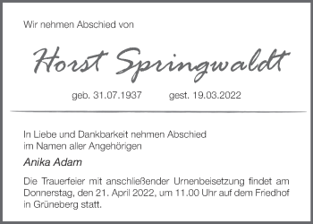 Traueranzeige von Horst Springwaldt von Märkische Oderzeitung