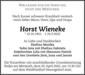 Traueranzeige von Horst Wienehe von Märkische Oderzeitung