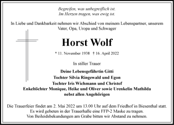 Traueranzeige von Horst Wolf von Märkische Oderzeitung