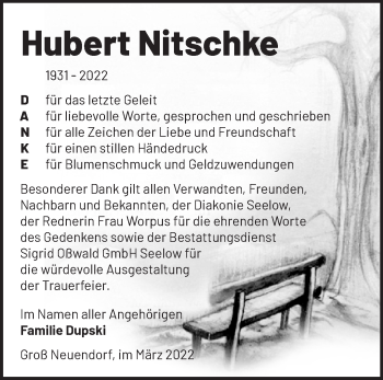 Traueranzeige von Hubert Nitschke von Märkische Oderzeitung