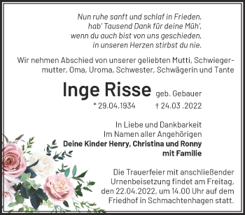 Traueranzeige von Inge Risse von Märkische Oderzeitung