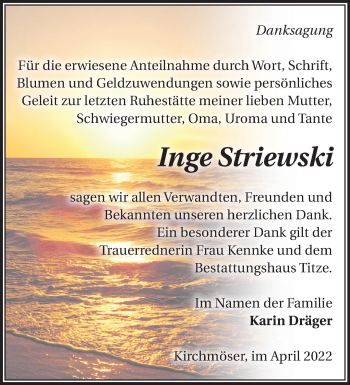 Traueranzeige von Inge Striewski von Märkische Oderzeitung