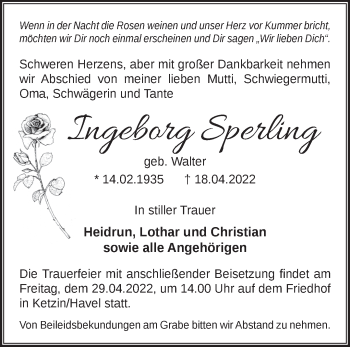 Traueranzeige von Ingeborg Sperling von Märkische Oderzeitung