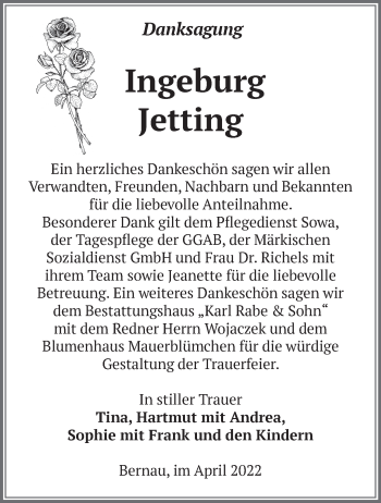 Traueranzeige von Ingeburg Jetting von Märkische Oderzeitung