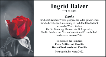 Traueranzeige von Ingrid Balzer von Märkische Oderzeitung