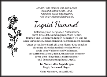 Traueranzeige von Ingrid Hammel von Märkische Oderzeitung