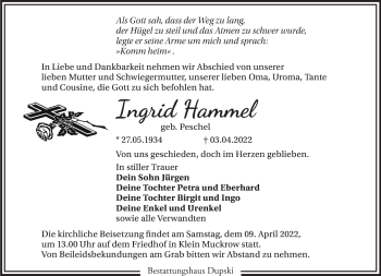 Traueranzeige von Ingrid Hammel von Märkische Oderzeitung