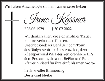 Traueranzeige von Irene Kassner von Märkische Oderzeitung