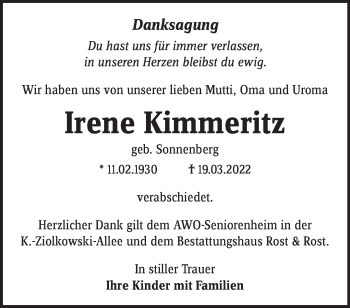 Traueranzeige von Irene Kimmeritz von Märkische Oderzeitung