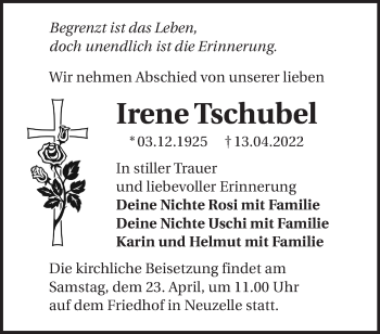 Traueranzeige von Irene Tschubel von Märkische Oderzeitung