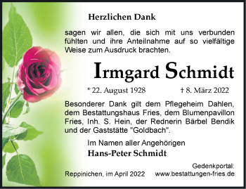 Traueranzeige von Irmgard Schmidt von Märkische Oderzeitung