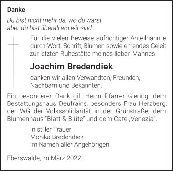 Traueranzeige von Joachim Bredendiek von Märkische Oderzeitung